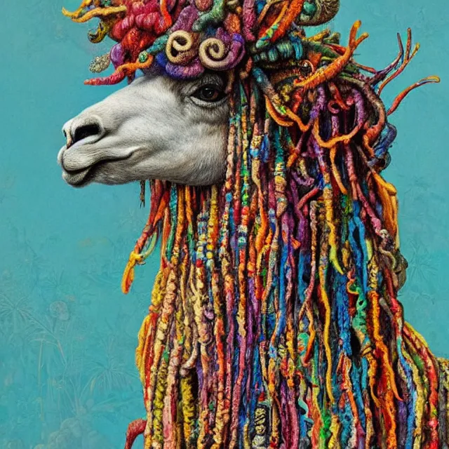 Image similar to llama with dreadlocks, colorful, detailed, by ernst haeckel, james jean, el anatsui, mandy jurgens