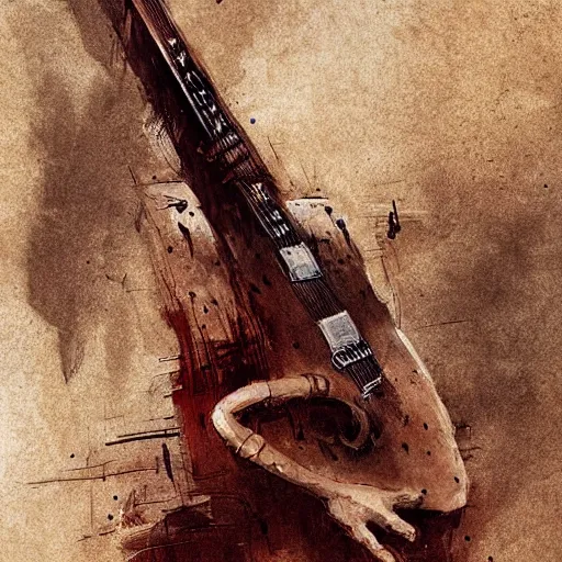 Image similar to v shape guitar in hand of man by greg rutkowski