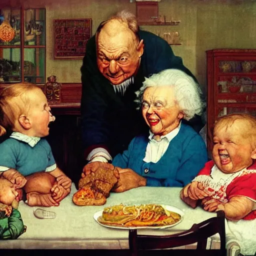 Prompt: hyper realistic hight detailed grandmother with a big mouth eating babies and william blake on the table in the russian kitchen, by norman rockwell, bright colors, 4 k, 1 6 k, 3 2 k, photorealistic, cartoon style