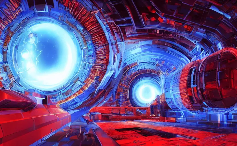 Image similar to giant Plasma fusion reactor power station, red, blue , hyperrealistic mixed media, stunning 3d render inspired art by P. Craig Russell and Barry Windsor-Smith + perfect facial symmetry + dim volumetric lighting, 8k octane beautifully detailed render, post-processing, extremely hyperdetailed, intricate futuristic mechanic parts, epic composition, grim yet sparkling atmosphere, cinematic lighting + masterpiece, trending on artstation