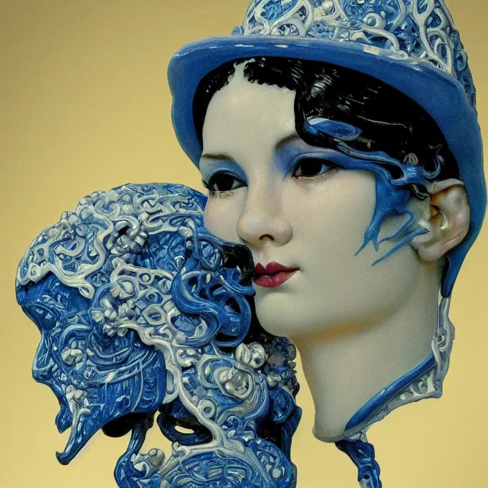 Image similar to a close - up portrait of an ornate blue and white porcelain figure made out of white vitrified translucent ceramic ; china. reflective detailed textures. gloomy black background. highly detailed fantasy science fiction painting by moebius, norman rockwell, frank frazetta, and syd mead. rich colors, high contrast. artstation