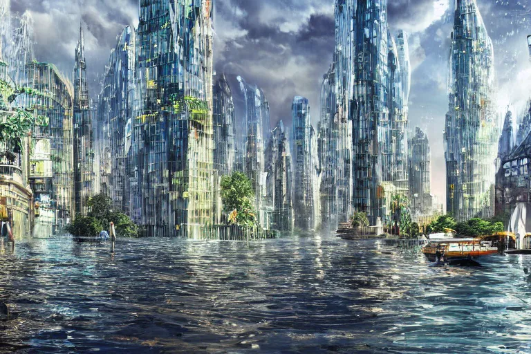 Prompt: a far-future flooded ecotopia Manhattan, with shiny glass buildings, and canal streets with gondolas and other boats, sparkling water, close-up, low angle, wide angle, beautiful, dynamic lighting, atmospheric, highly detailed, cinematic establishing shot, digital art