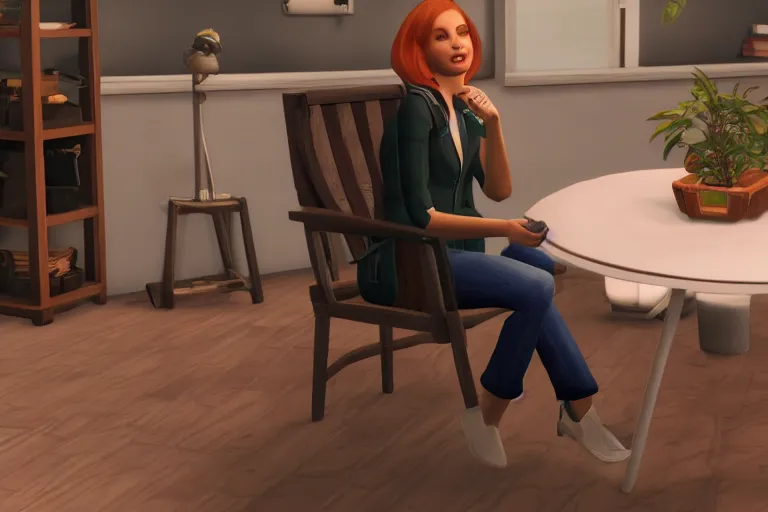 Image similar to a photo of a sim character annoyed at a chair, photorealistic, dramatic, game footage, 8 k