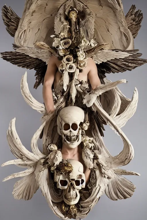 Image similar to A fallen icarus with a giant cyclops eye and golden wings in the form of a Greek sculpture, marble white elk skull, wreath of flowers and abstract eyes, bouquet of bones, many large flying eyes, silk, fabric, birds, flowers. baroque elements, human skull. full-length view. baroque element. intricate artwork by caravaggio. many many birds birds on background. Trending on artstation. halo. octane render, cinematic, hyper realism, octane render, 8k, depth of field, 3D