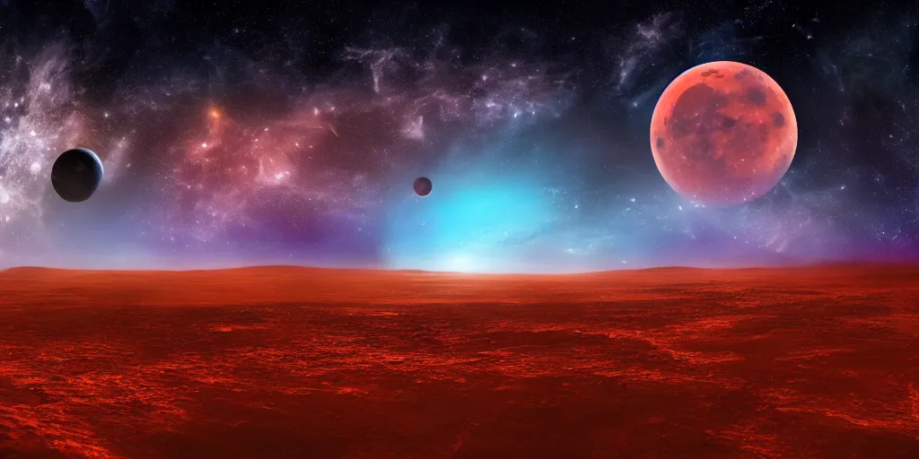 Image similar to moon setting, space, galaxy, milkyway, nebula, Mars, planets, neon, cinematic, realistic, glow, beautiful,