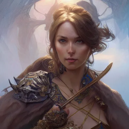 Image similar to portrait of a beautiful female ranger, upper body, D&D, fantasy, intricate, elegant, highly detailed, digital painting, artstation, concept art, smooth, sharp focus, illustration, art by artgerm and greg rutkowski and alphonse mucha