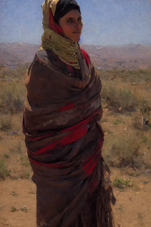 Image similar to Richard Schmid and Jeremy Lipking and Antonio Rotta full length portrait painting of a young beautiful traditonal berber woman from north africa