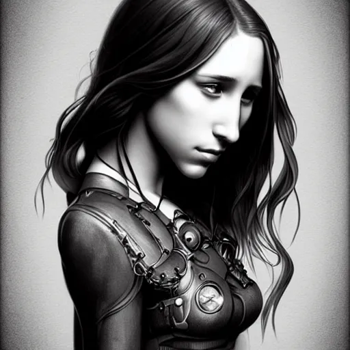 Prompt: in the style of diego fazio, artgerm, beautiful taissa farmiga, steampunk, elegant pose, middle shot waist up, symmetrical face symmetrical eyes, cinematic lighting, detailed realistic eyes, short neck, insanely detailed and intricate elegant