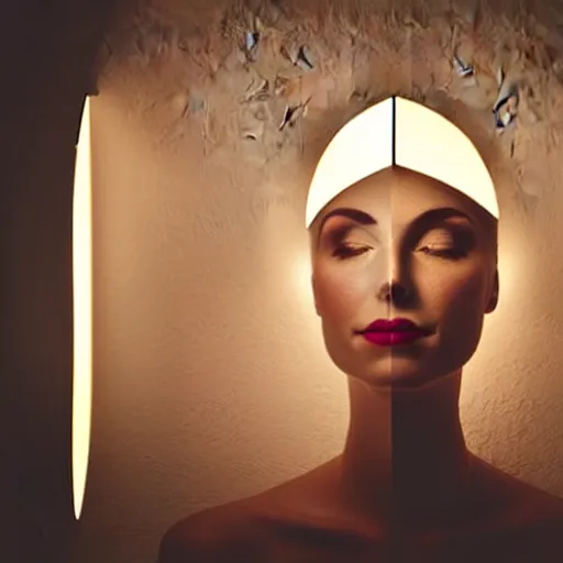 Image similar to a woman's face in an art style of interior decor and creative light angles