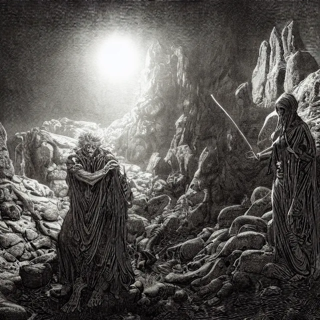 Image similar to etching by Franklin Booth and Gustav Doré showing frightened sorcerer in the desert by night, surrounded by nightmares in the shadows, mystic athmosphere, by Greg Rutkowski, deformed rocks, snakes, scorpions, UHD, 8K,