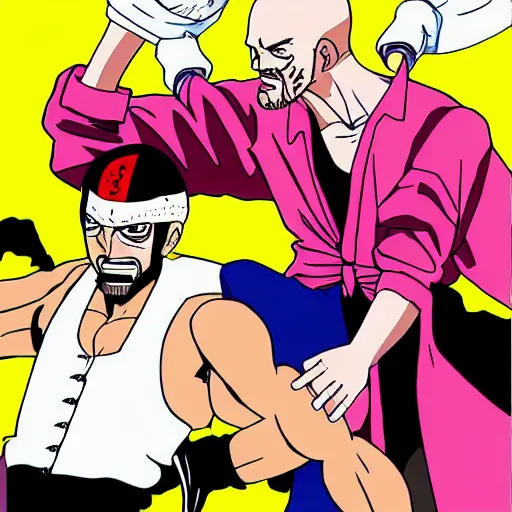 Prompt: Jessie pinkman wrestling walter white breaking bad in one piece anime style