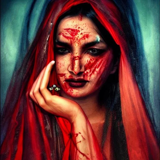 Prompt: beautiful Hindu lady of the dark with veil, cover with blood, horror terrifying, soft light, realistic, photorealistic, ultra detailed, high definition, irwin penn, full HD, 8k!