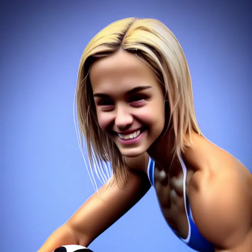 Image similar to hyper realistic full figure of a cute sporty girl, athletic body, six pack, abs, concentrated look, cute smile, highly detailed, detailed face and eyes, blonde, blue eyes, volumetric lighting, 8 k, art photography, sport photography, intricate detailing, award winning, textured skin, symmetric face