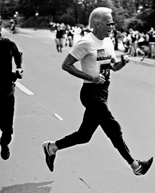 Image similar to film still close - up shot of joe biden running a marathon. photographic, photography