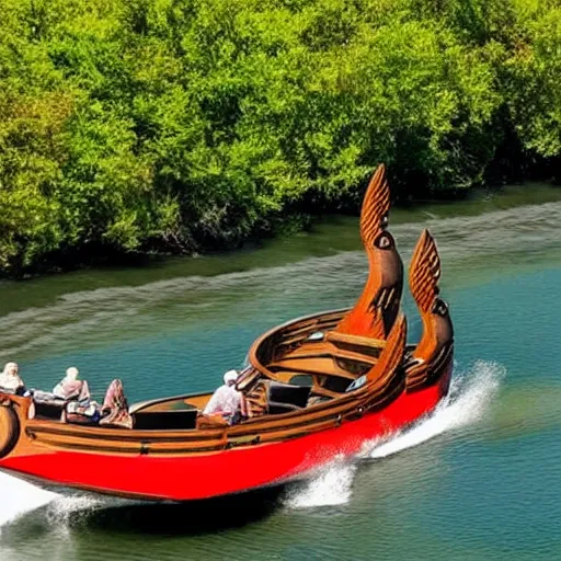 Image similar to speedboat that looks like a viking ship sailing down a river