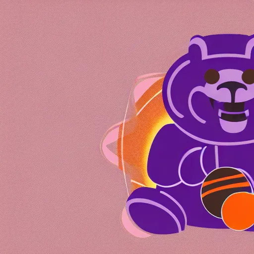 Image similar to cartoon illustration of a bear mascot being launched from a futuristic marble planet, purple and orange cloudland