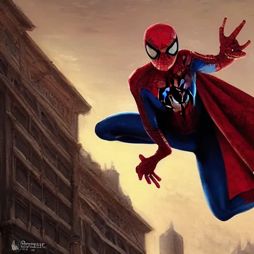 Image similar to spiderman wears a doublet whilst wearing a red velvet Cape , alexanre benois edward julius detmold jehan choo jeff simpson raphael lacoste guillem h. pongiluppi grisaille