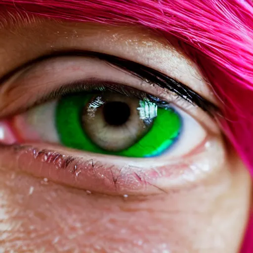 Prompt: portrait of a beautiful 20-year-old woman with pink hair and green eyes Mario Testino, ca. 1990, close up, detailed, award winning, Sony a7R