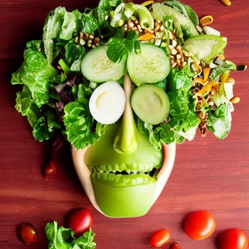 Prompt: head made of salad toppings