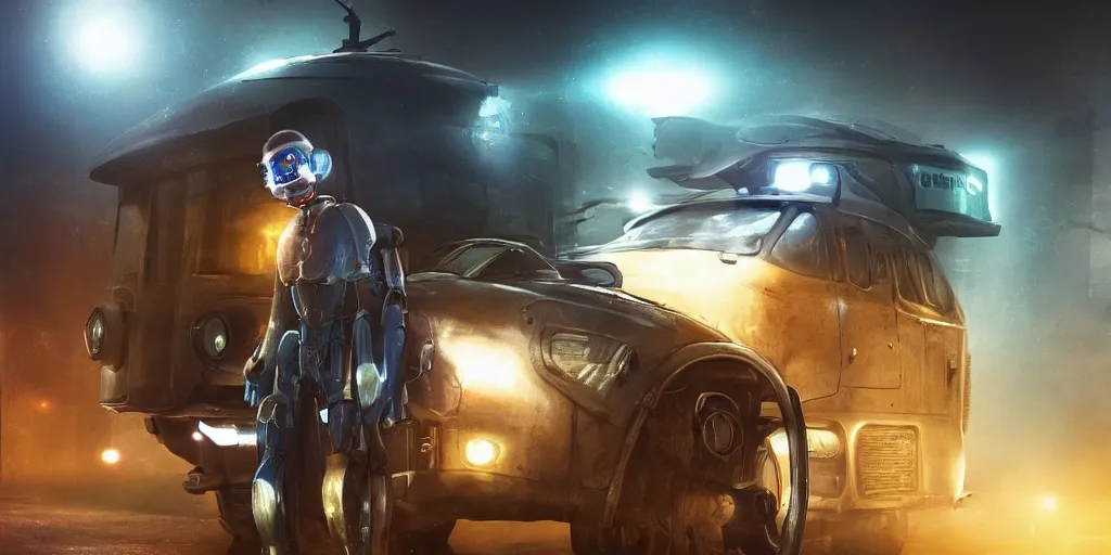 Image similar to a robotic chtulhu police officer next to a futuristic police car, rusty helmet, cyberpunk, fallout 5, studio lighting, deep colors, apocalyptic setting, city at night