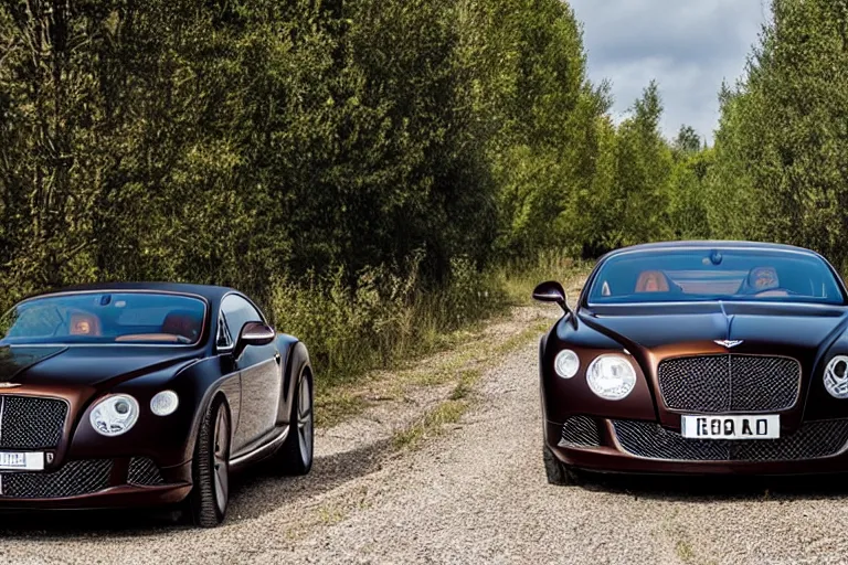 Image similar to modern rusty matte tired Bentley Continental GT without gloss no reflections drives along the road of an old Russian village with houses at the edges