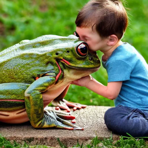 Image similar to Human sized frog licking tiny dog