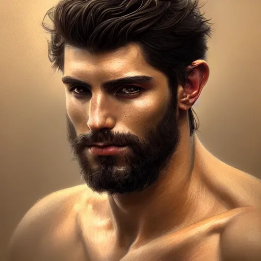 Image similar to very very very epic portrait of the greek man patroclus, soft hair, muscular, half body, leather, hairy, d & d, fantasy, intricate, elegant, highly detailed, digital painting, artstation, concept art, smooth, sharp focus, illustration, art by artgerm and greg rutkowski and alphonse mucha