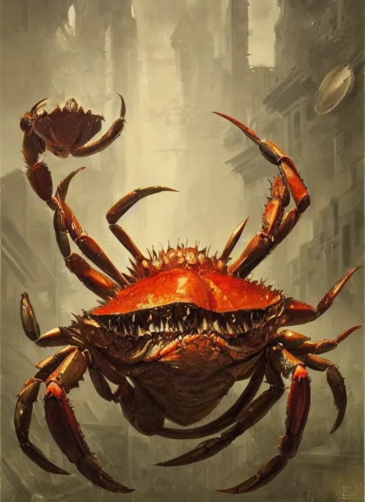 Prompt: Oil painting of a crab monster, portrait, D&D, Magic The Gathering, by Craig Mullins, Nekro, Victo Ngai, centered, symmetrical, 8k, sharp focus