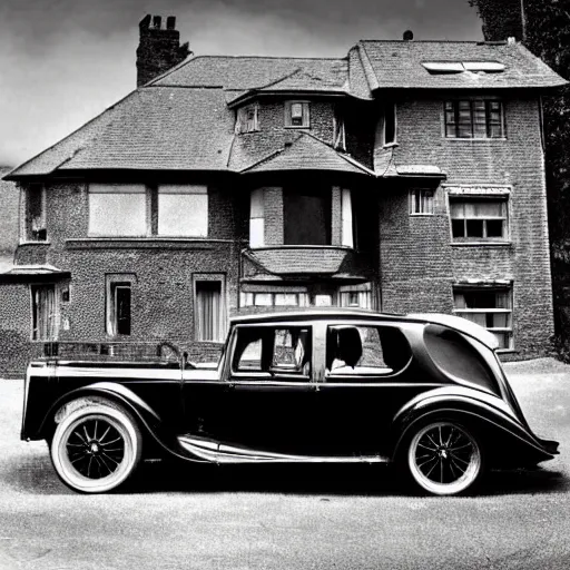 Image similar to an oldie car with turbine, cyber punk, house in background, detailed, award winning, masterpiece, photograph, cinematic, black-white retro photo 1910