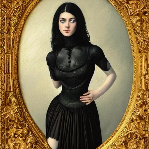 Image similar to full body portrait of a dark haired girl with blue eyes, gentle round face, with a bright smile, intricate detailed black goth dress, highly detailed, deep focus, elegant, digital painting, smooth, sharp focus, golden ratio, illustration, ultra realistic, 8 k, art by artgerm, caravaggio and vittorio reggianini