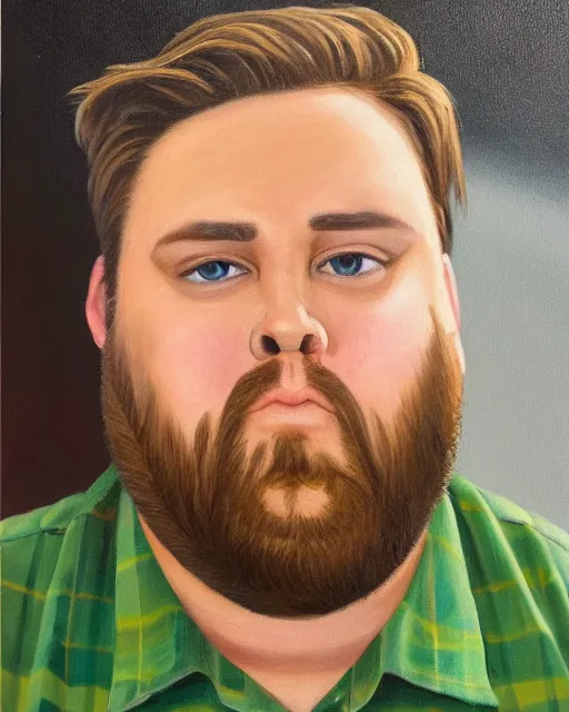 Prompt: a portrait of a man with brown hair and green eyes, strong jawline, slightly overweight, fat, long hair, greasy hair, neckbeard, nerdy, attractive, button - up shirt, handsome and attractive, masculine features, oil on canvas, very detailed oil painting