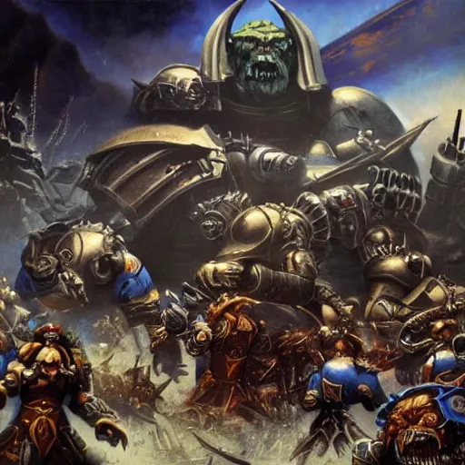 Image similar to Epic battle between Astartes and orcs in the world of Warhammer 40,000, retro futurism style