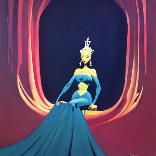 Image similar to an oil painting of a queen in a thierry mugler dress sitting on a throne, by bruce pennington, by eyvind earle, nicholas roerich, by frank frazetta, by georgia o keeffe, by dean cornwell, eerie, ominous, baghdad, oriental, desaturated, anime