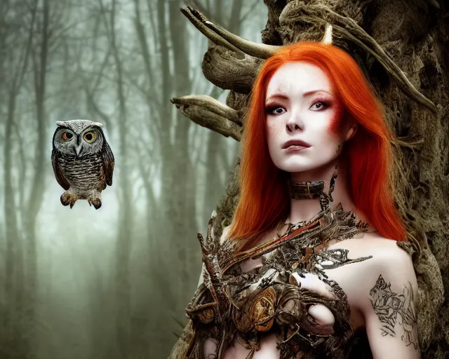 Image similar to 5 5 mm portrait photo of an armored gorgeous anesthetic redhead woman warrior with a face tattoo and horns growing from her head, and owl sitting on her shoulder in a magical forest in the style of stefan kostic, art by luis royo. highly detailed 8 k. intricate. lifelike. soft light. nikon d 8 5 0. cinematic post - processing