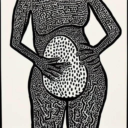 Prompt: a black woman, pregnant, by keith harring, intricate details, colorful