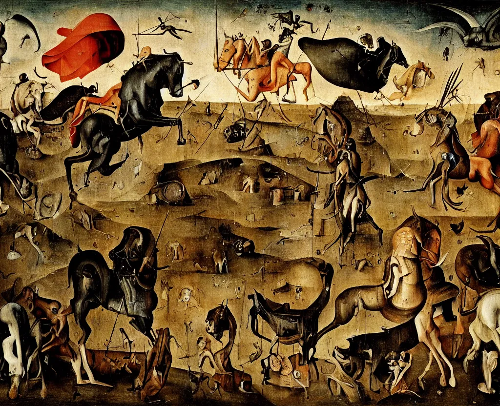 Prompt: the four horsemen of the modern apocalypse by hieronymus bosch