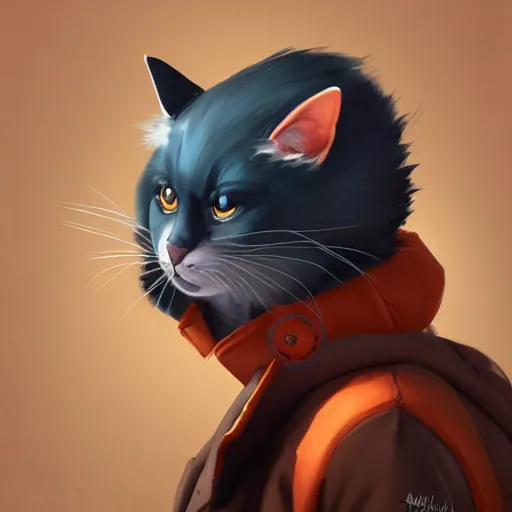 Prompt: Portrait painting an anthropomorphic cat wearing a jacket and a collar, as an Overwatch character, medium shot, asymmetrical, profile picture, Organic Painting, sunny day, Matte Painting, bold shapes, hard edges, street art, trending on artstation, by Huang Guangjian and Gil Elvgren and Sachin Teng