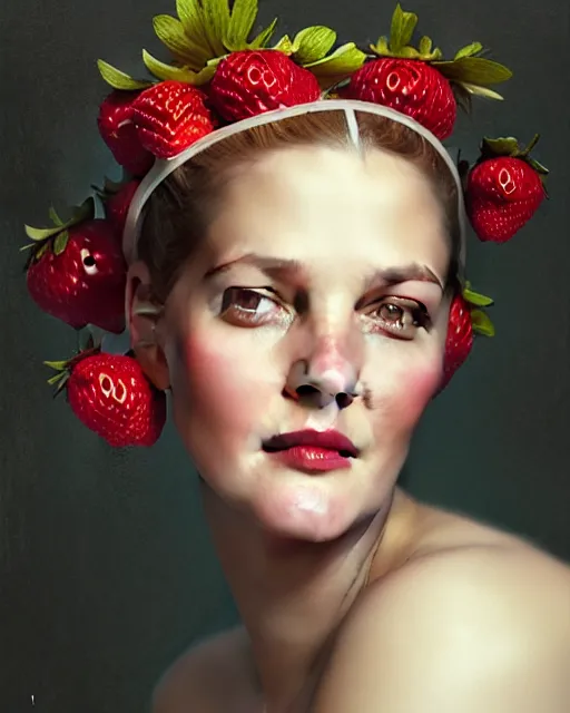 Image similar to beauty portrait, drew barrymore, strawberries, headgear leaves, wild berries, by tom bagshaw, greg rutkowski, ilya kuvshinov, craig mullins, intricate background