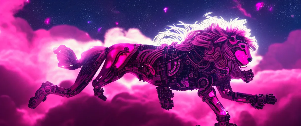 Image similar to space, a mechanical lion with a pink neon mane, punk, hyperdetailed illustration, stars, pink, neon, oil painting, rich deep colors masterpiece, pirate neon ship, ultra detailed, contrast, heaven pink, clouds, volumetric light, atmospheric lighting, dramatic, cinematic, moody, octane render 4 k, 8 k