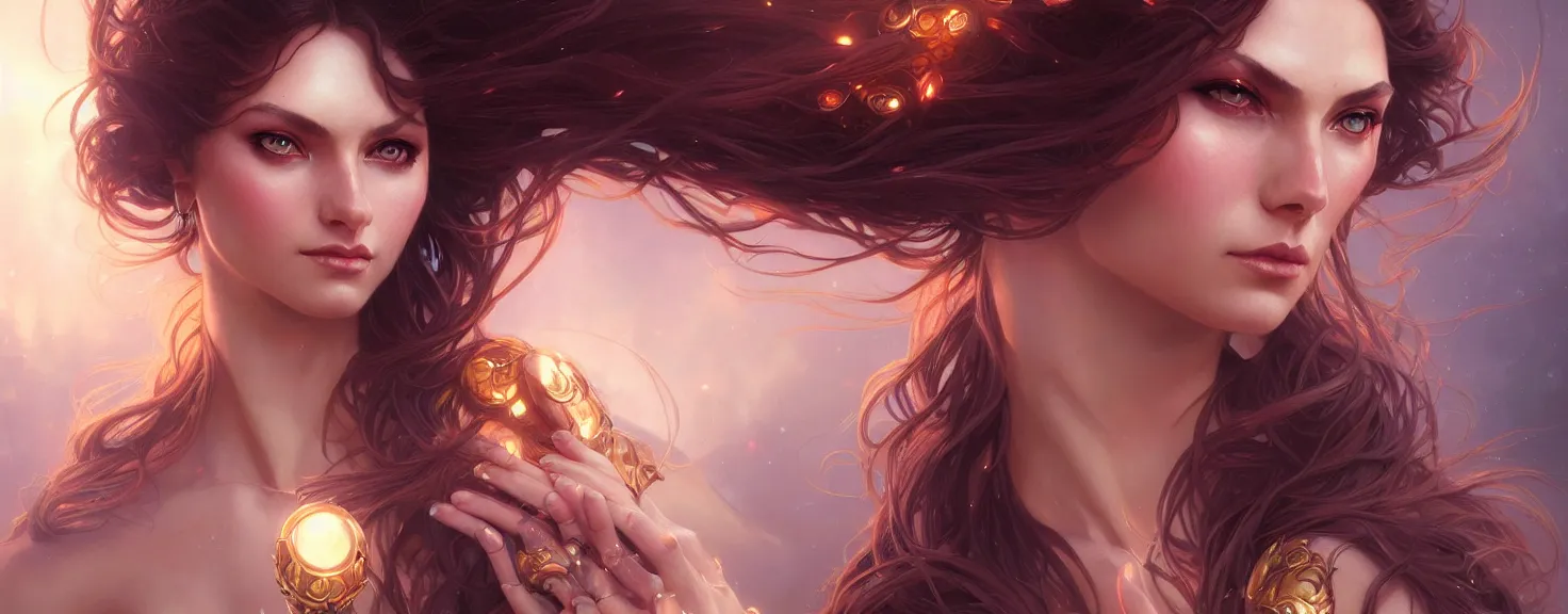 Image similar to fantasy magic woman portrait, sci-fi, amber eyes, face, long hair, fantasy, intricate, elegant, highly detailed, digital painting, artstation, concept art, smooth, sharp focus, illustration, art by artgerm and greg rutkowski and alphonse mucha