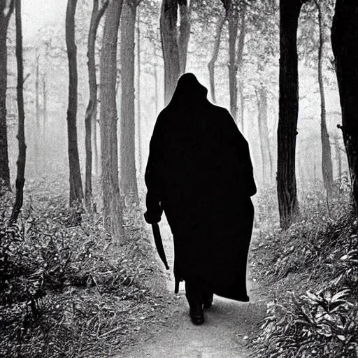 Image similar to old photograph of the grim reaper walking through the forest