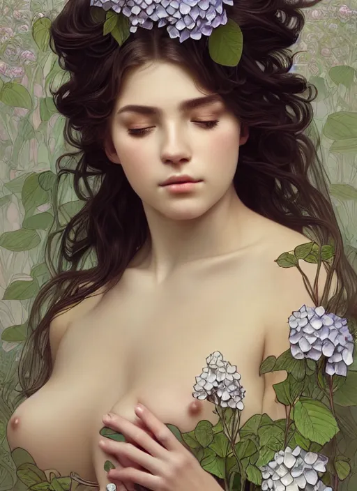 Image similar to a photographic portrait of a seductive sleeping anthropomorphic hydrangea blossom with a perfect face, fantasy, wind blowing hair, intricate, elegant, very very highly detailed, digital painting, artstation, concept art, smooth, super sharp focus, illustration, art by artgerm and h r giger and alphonse mucha