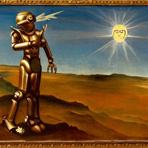 Prompt: a robot angel descending on a no man's land in the great war with a spear of sunlight, painting, fresco painting, renaissance painting