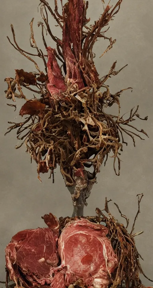 Prompt: Human flesh, bones, rotten meat and rusted metal arranged inside a flower vase