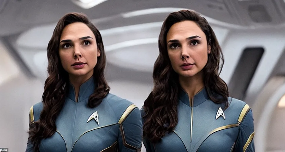 Image similar to Gal Gadot, in full starfleet uniform, is the captain of the starship Enterprise in the new Star Trek movie