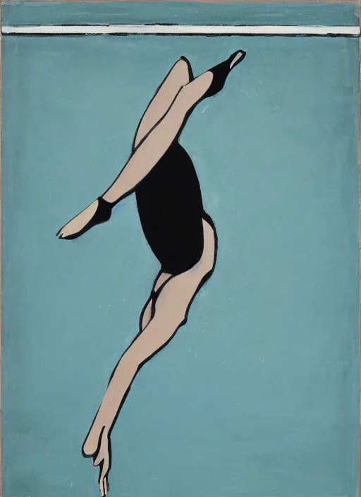 Prompt: acrylic painting on wood of a woman diving from a high diving board into a pool. mid - drive. medium distance. teal, white, black and grayscale. simple. flat. vintage, mid - century modern.