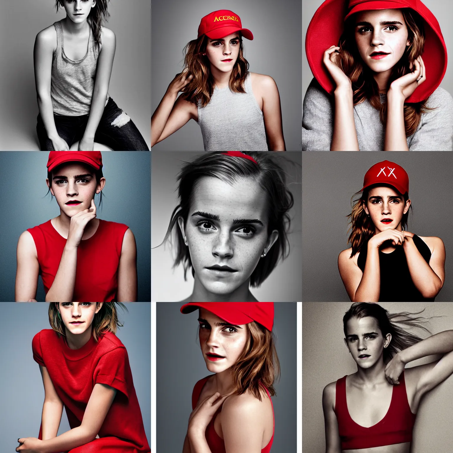 Prompt: Photo of Emma Watson wearing a red MAGA cap, soft studio lighting, photo taken by Martin Schoeller for Abercrombie and Fitch, award-winning photograph, 24mm f/1.4