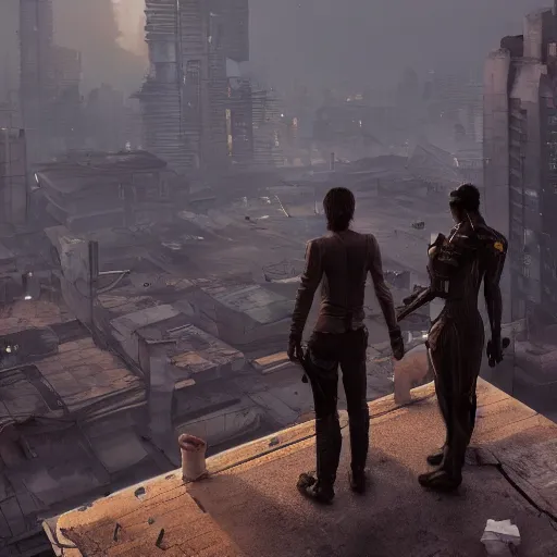 Prompt: two survivors standing on a rooftop with a view of an abandoned dystopian cyberpunk city, award winning, trending on artstation, unreal engine