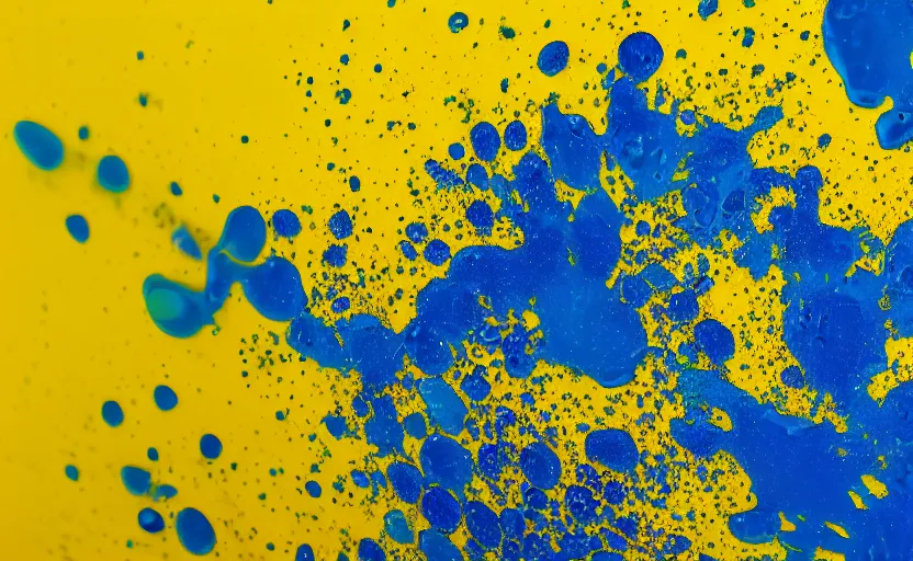 Prompt: blue liquid splatters on a yellow surface, close up, 33mm, 4k