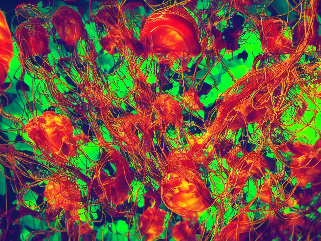 Prompt: side view a group of hamburger mix jellyfish growing form tree branch, super resolution, 8 k, surrealistic, sharp focus, super resolution, pop art, highly quality penetrating feeling bright light, cg, cyberpunk, pop art, old school, style by andy warhol